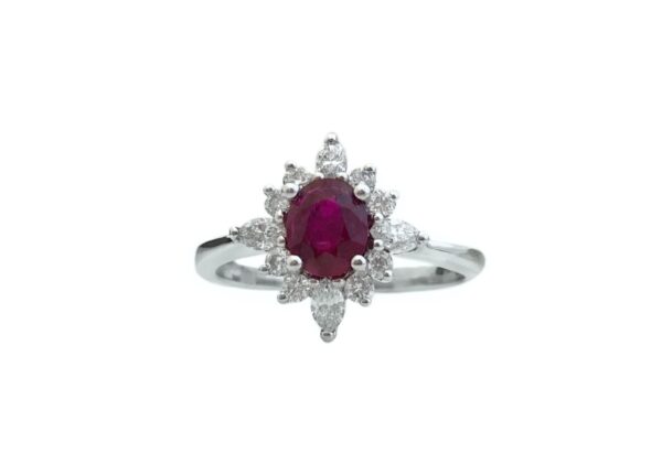 23693 rr14043w 14kt white gold oval ruby .69ct marquise dia .22ctw & round dia .18ctw ring