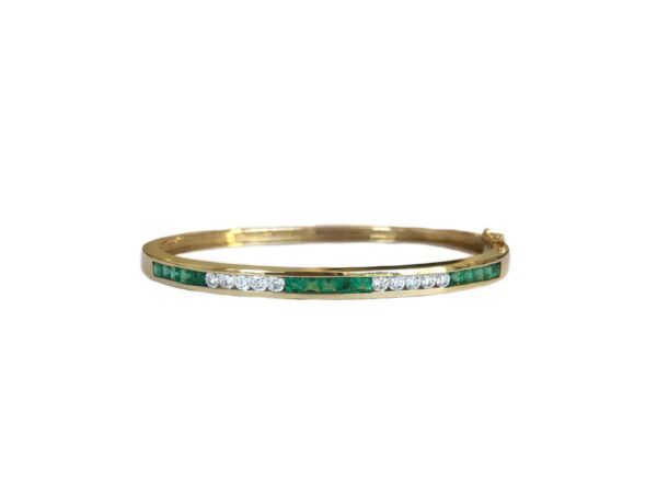 24018 eb3417 14kt yellow gold channel set emerald 1.44ctw & dia .59ctw hinged bangle