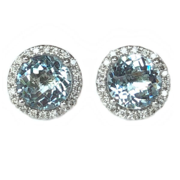 round aquamarine 2.42 carats earrings with diamond halo