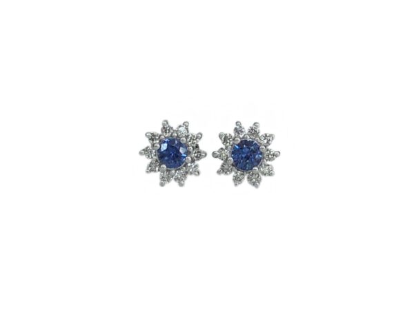 round blue sapphires surrounded by flower motif diamond halo