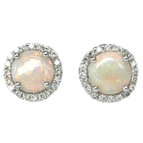 round opal 1.38 carats stud earrings with diamond halo