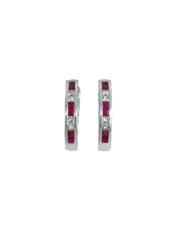 channel set princess cut ruby .48 carats and diamonds hoops