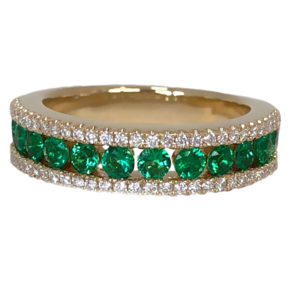emerald .84 carats and diamond three row band