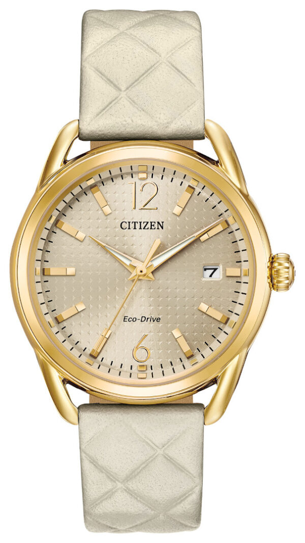 citizen eco drive ladies goldtone stainless with quilt strap