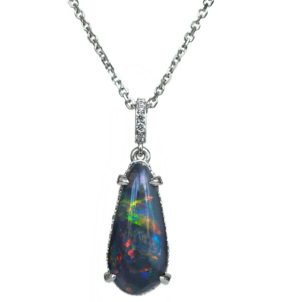 tear drop black opal & hidden diamond halo pendant