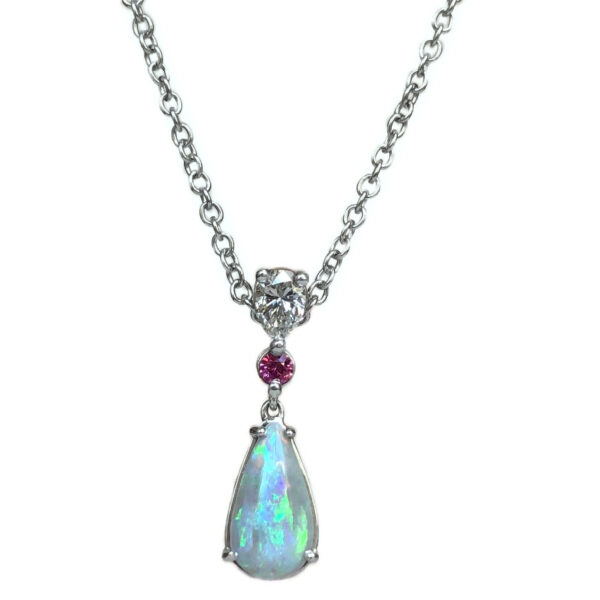 tear drop shape opal, pink sapphire & diamond pendant