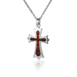 silver cross pendant inlay with koa wood