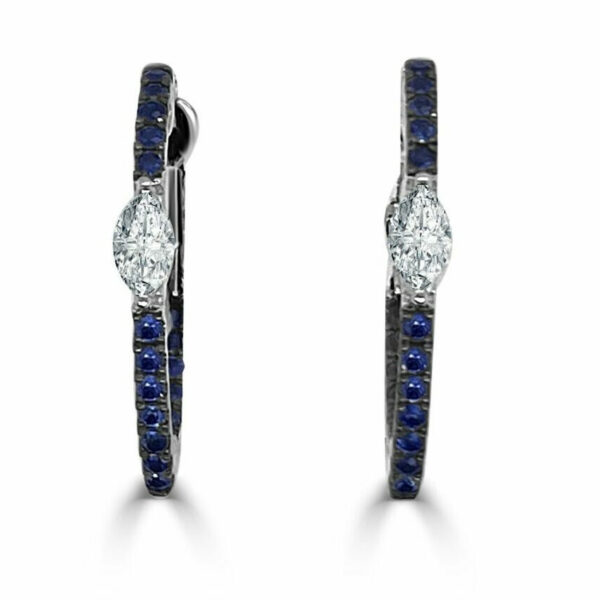 14kt blue sapphire & marquise shape diamond hoops