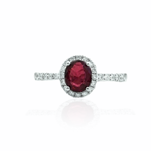 22344 14kt white gold oval ruby .75ct & dia .24ctw ring with halo