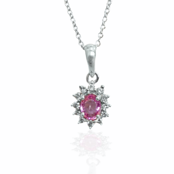24021 14kt white gold oval pink sapphire .42ct & dia .16ctw halo pendant