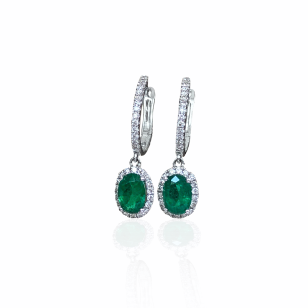 23086 14kt white gold oval emerald 1.58ctw & dia .47ctw dangle earrings