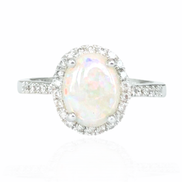 23097 14kt white gold oval opal 1.15ct & diamond .20ctw ring (1)