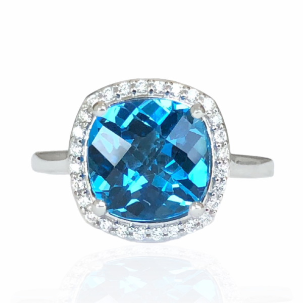 25902 14kt white gold cushion cut swiss blue topaz 3.19ct & diamond .13ctw ring